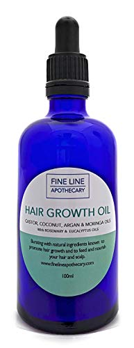 100% Natural, ACEITE para CRECIMIENTO DEL CABELLO - RICINO, ARGAN, MORINGA Y COCO- con ROMERO Y EUCALIPTO - 100 ml de Fine Line Apothecary. Promueve el Crecimiento Cabello, Hidrata, Nutre, Protege.