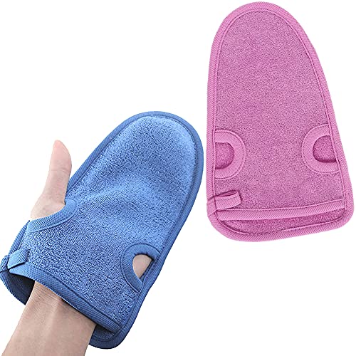 2 piezas Guantes Exfoliantes para Ducha de Baño, Guante Exfoliante Corporal, Guantes de esponja, Hecho de fibra de carbón de bambú natural, Limpia y exfolia tu cara, brazos y piernas (Rosado, Azul)