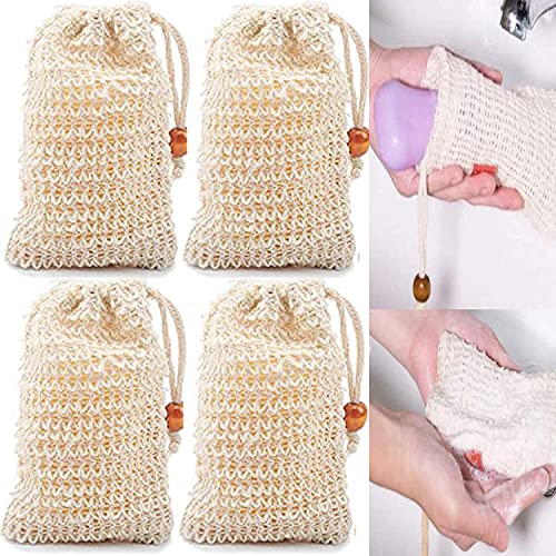 4 x bolsas de jabón orgánico, bolsas de sisal natural para hacer espuma y secar el jabón, extra grandes para cada jabón, masaje exfoliante para jabón para el cabello y gel de ducha sólido I aún