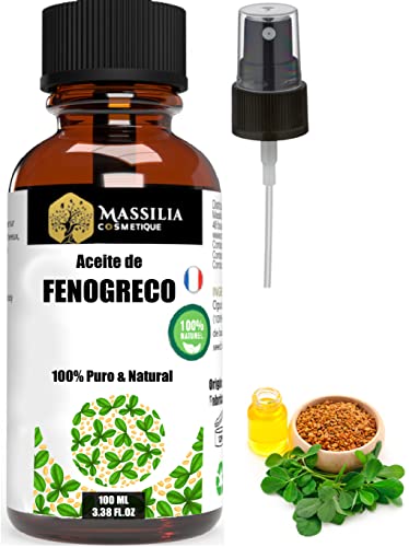 ACEITE DE FENOGRECO BIO - Cultivado y prensado en Francia - Cuidado de los senos, glúteos y caderas, cuerpo y cabello | Frasco de vidrio de 100 ML con Spray | 100% Natural
