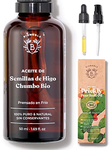 ACEITE DE HIGO CHUMBO ORGÁNICO | 100% Puro, Natural & Prensado en Frío | Rostro, Cuerpo, Cabello, Barba, Uñas | Vegano y Cruelty Free | Botella de Vidrio + Pipeta + Bomba (50ml)