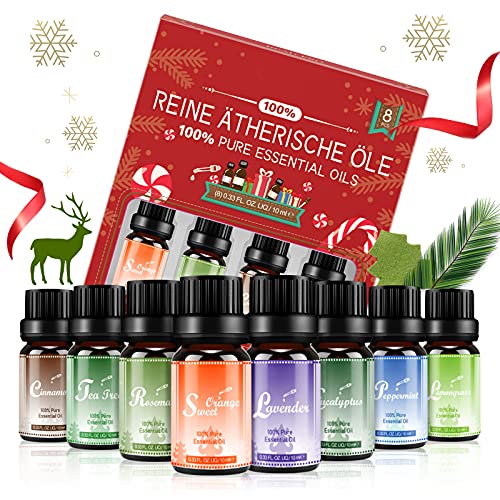 Aceites Esenciales 100% Puro Naturales, Top 8 * 10ml Set de Aromaterapia Aceites Esenciales, para Humidificador y Diffusor- Lavanda, Eucalipto, Limoncillo, Árbol de Té, Menta, Naranja Dulce, etc.