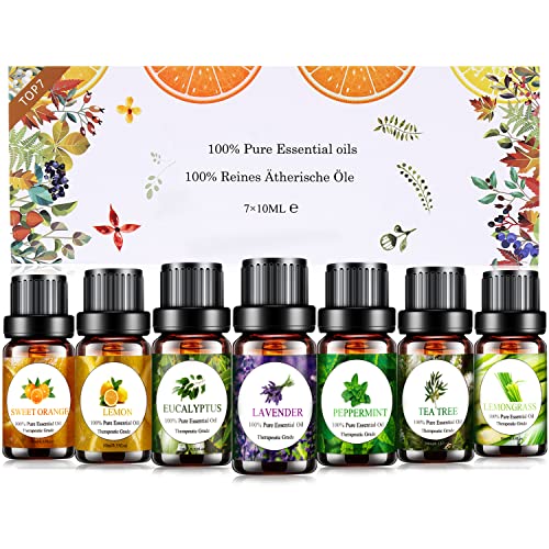 Aceites Esenciales Aromaterapia TOP 7 x 10ml, Aceites Esenciales para Humidificador Difusor 100% Puro & Naturales, Menta, Limón, Limoncillos, Lavanda, Eucalipto, Naranja Dulce, Árbol de Té