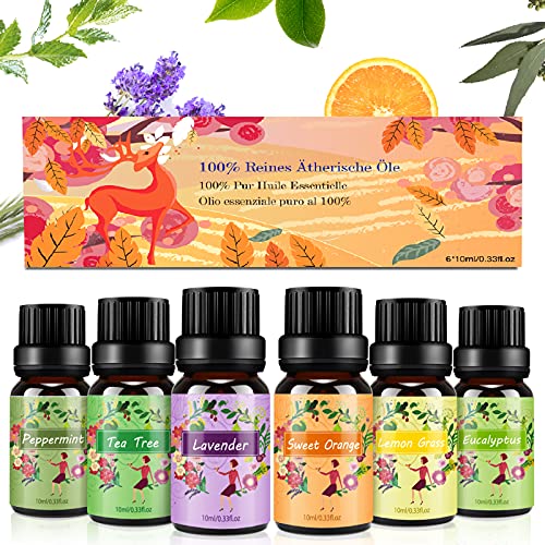 Aceites Esenciales para Humidificador, TOP 6 x10ml Aceites Esenciales Aromaterapia Naturales Puros para Difusor (Lavanda, Naranja Dulce, Menta, Arból de Té, Limoncillo, Eucalipto)