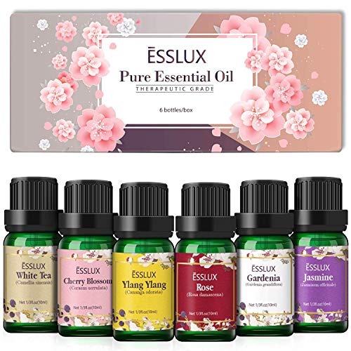 Aceites Esenciales,ESSLUX Flores Aceites Esenciales para Humidificador Difusor Naturales Puro, Rosa, Ylang ylang, Jazmín, Gardenia, Cerezo, Té Blanc,6x10 ml