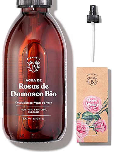 AGUA DE ROSAS ORGÁNICA | Tónico de Agua de Rosas de Damasco 100% Puro y Natural | Cara, Contorno de Ojos, Cuerpo, Cabello | Botella de Vidrio + Spray (100 ml)