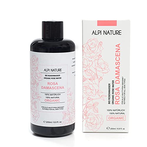 Agua de rosas orgánica (200 ml), tónico facial Rosa Damascena, 100% pura y natural de destilación directa de agua, agua floral en botella de vidrio azul oscuro