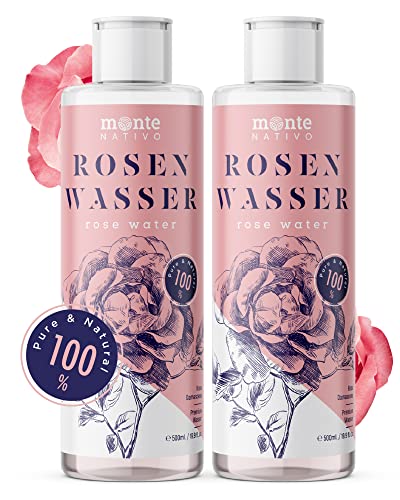 Agua de rosas pura MonteNativo, 2 unidades de 500 ml (1000 ml) 1 litro  100% natural, tónico facial puro y natural, hidrolato de rosas natural, doble destilación al vapor de agua, agua rosa