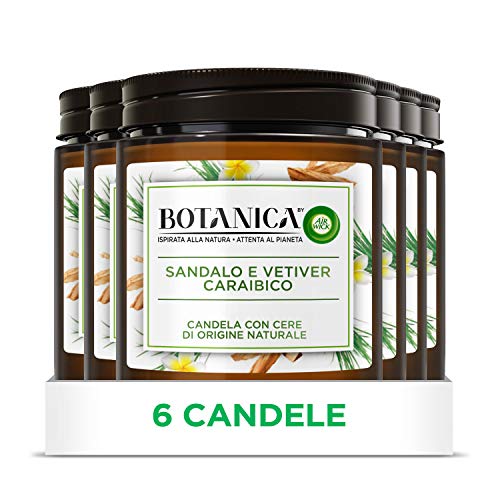 Airwick Botanica - Velas perfumadas con cera de origen natural, paquete de 6 velas, aroma de sándalo y vetiver caribeño, fragancia natural  Velas de 205 g