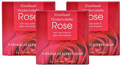 Barras de jabón hechas a mano naturales Mademoiselle Rose con agua de rosas y flores, aceite de coco, glicerina vegetal, rejuvenecedor vegano y sin crueldad, sin parabenos, embalaje de 3x60g
