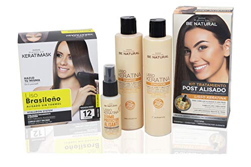 BE NATURAL Pack de Alisado Profesional Brasileño con Keratina sin Formol + Pack Postalisado Lisso Keratina. Sin Tóxico. Cuidado de cabello Liso Profesional en Casa.