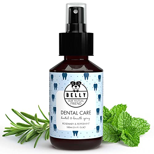 Belly Spray Dental Perros con Aceite de Menta y Romero - Enjuague Bucal Perros para Mal Aliento de Perros - Eficaz Spray Anti Sarro Perros - Práctica Alternativa a Pasta de Dientes para Perros, 100ml