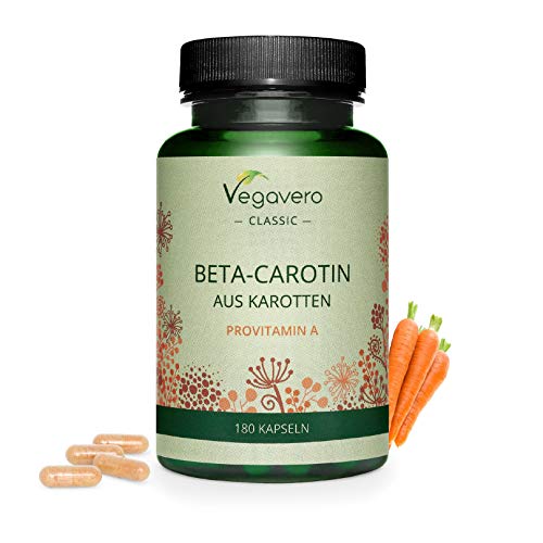 Betacaroteno Vegavero | 180 Cápsulas | Sin Aditivos Artificiales | El Único Natural: de Extracto de Zanahoria | Acelerador Bronceado + Rico en Vitamina A + Luteína | 7 mg