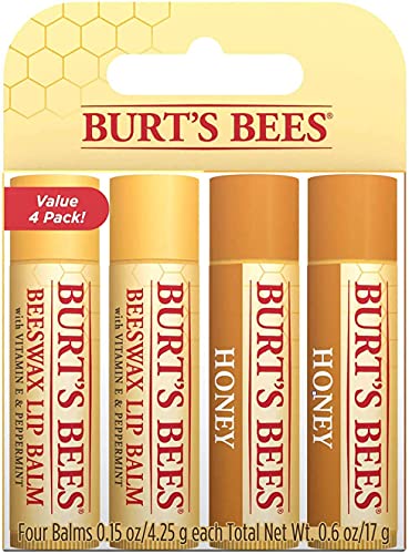 Burt's Bees Pack de 4 bálsamos labiales hidratantes 100 % naturales, cera de abejas original con vitamina E y aceite de menta y miel con cera de abejas