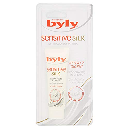 BYLY SENSITIVE SILK Desodorante en crema, pieles sensibles, protección eficaz, antitranspirante femenino, con poteína de seda, larga duración sin perfume ni aluminio, activo 7 días/72 horas, 25 ml