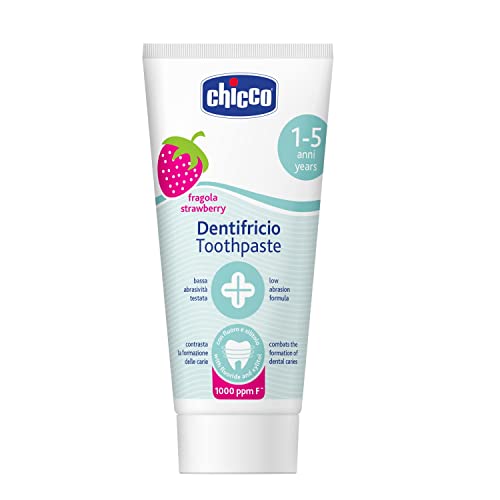 Chicco Pasta de Dientes de Fresa para Dientes Sensible de Baja Abrasión con Flúor, Xilitol, Sin Conservantes, Ayuda a Prevenir Caries y Eliminar Placa  Pasta de Dientes para Niños +1 Año, 50 ml