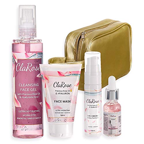 ClaRose - Pack regalo antienvejecimiento para ella con sérum facial, crema para el contorno de los ojos, gel limpiador facial y mascarilla facial con aceite de rosas 100% natural y ácido hialurónico