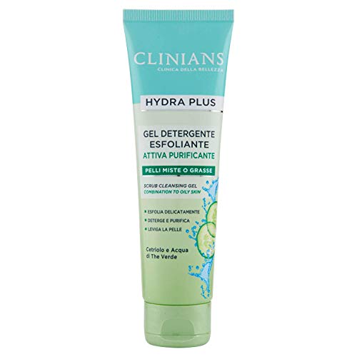 CLINIANS HYDRA PLUS gel limpiador facial exfoliante activo purificante para pieles mixtas o grasas, con Agua de Pepino y Té Verde, 150 mL