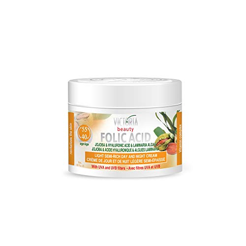 Crema facial antiarrugas con ácido hialuronico, extracto de jojoba, y ácido fólico para pieles madura (+40 años) - Crema natural intensiva para día y noche con filtros UV