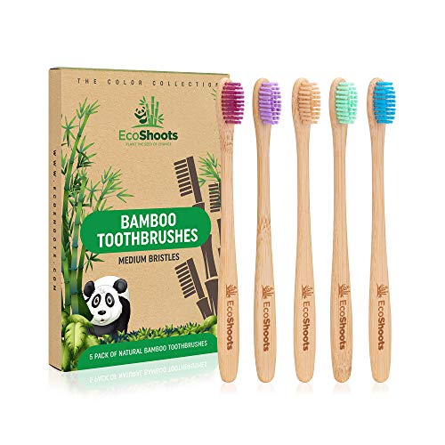 EcoShoots Cepillos de dientes de bambú para adultos | Pack familiar de 5 cepillos de dientes de bambú natural | Cepillo de dientes ecológico | Mango biodegradable | Cepillos de dientes sin BPA