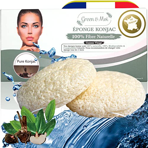 Esponja konjac original y pura para pieles sensibles Set 2 pcs-Desmaquillador faciales de ojos orgánico-Ayuda a combatir la piel grasa, el acné y la psoriasis-Natural-Exfoliante-Reutilizable-Ecológico