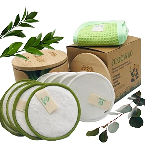 Esponja limpiadora limpiadora de maquillaje lavable de bambú, 10 toallitas desmaquillantes reutilizables con esponja de bambú 100 % natural, diadema de algodón + maceta de bambú