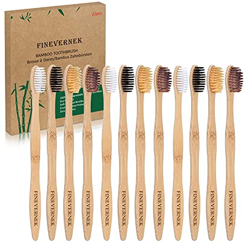 FINEVERNEK Kit de 12 Cepillos de Dientes de Bambú, Cepillos de Dientes de Bambú Natural y Ecolóico, 4 Colores Suaves Naturales de Cepillo de Diente de Bambú, para el Hogar y el Viaje