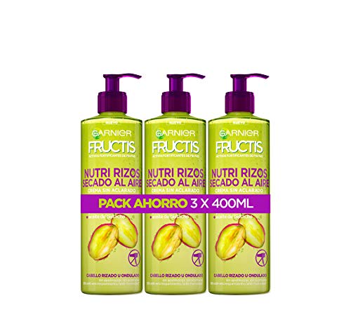 Garnier Fructis, Crema Sin Aclarado Nutri Rizos Secado al Aire, para Pelo Rizado u Ondulado, Con Pectina de Fruta y Aceite de Pistacho, Nutre y Define tu Rizos Sin Secador, Pack 3x400ml