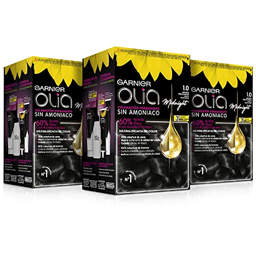 Garnier Olia - Pack de 3 coloración permanente sin amoniaco para un olor agradable con aceites florales de origen natural, color tono 1.0 negro ébano