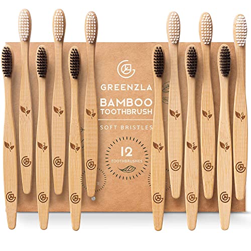 Greenzla Cepillos de Dientes de Bambú (Kit de 12) | Cepillos de Dientes de Carbón de Cerdas Suaves | Cepillo de Dientes de Bambú Natural y Ecológico | Madera Biodegradables y Orgánicos