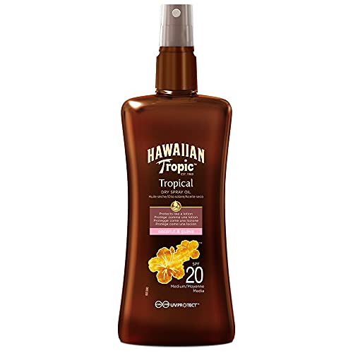 Hawaiian Tropic Aceite Solar - Spray Aceite Seco Bronceador SPF 20 con Protección Media, Fragancia de Coco y Guayaba - 200 ml