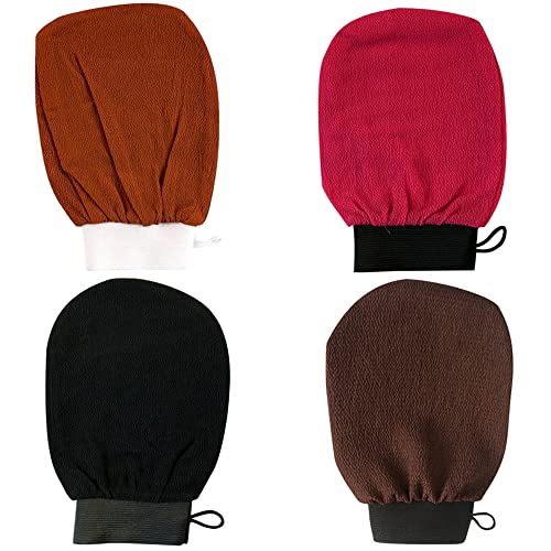 IWILCS 4PCS Guantes Exfoliantes, Guantes de Ducha Exfoliantes de Baño, Manoplas Exfoliantes para Brazos, Piernas, para Descamación, Exfoliante (Negro, Naranja, Marrón, Rojo Rosa)