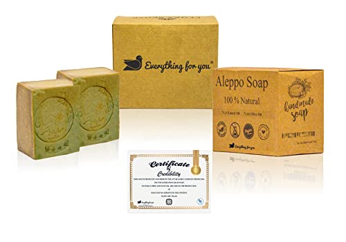 Jabón Aleppo, 2 x 190g, 80% aceite de oliva, 20% aceite de laurel, valor de PH 8, jabón para el cabello, jabón de ducha, propiedades detox, vegano, hecho a mano