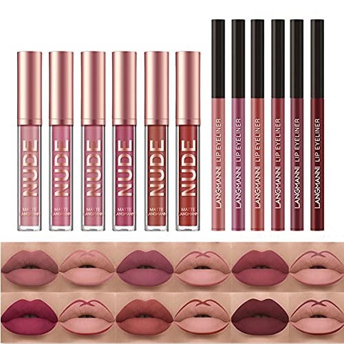 Juego de maquillaje de lápiz labial de 12 piezas, 6 lápices labiales líquidos mate aterciopelados + 6 lápices delineadores de labios, kit de brillo de labios resistente al agua de larga duración