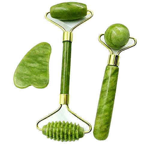 Juego de masaje de jade con rodillo y raspado de arena, reafirmante, rejuvenecedor cara y cuello, verde natural masajeador adelgazante (juego de tres piezas)