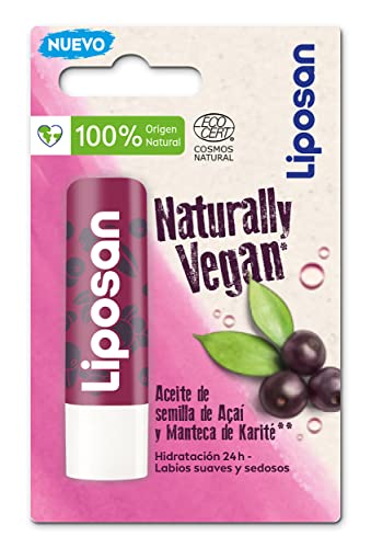 Liposan Naturally Vegan Acai Berry (1 x 4,8 g), bálsamo labial con aceite de aaí y manteca de karité, cacao de labios con fórmula vegana, bálsamo hidratante rosa