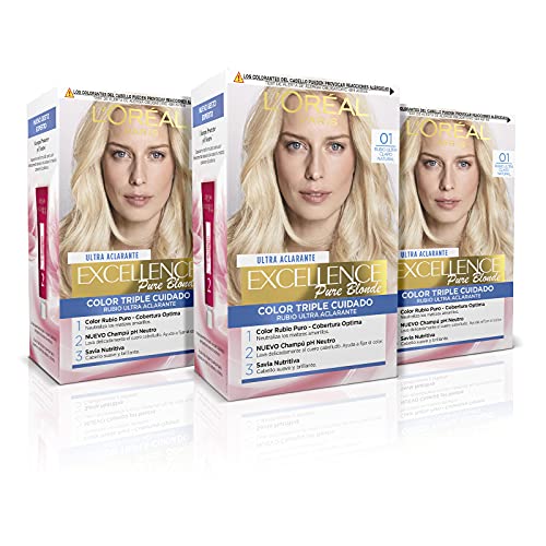 L'Oréal Paris Excellence Tinte Permanente Triple Cuidado Tono 01 Rubio Claro Natural, Pure Blonde, 3 Unidad