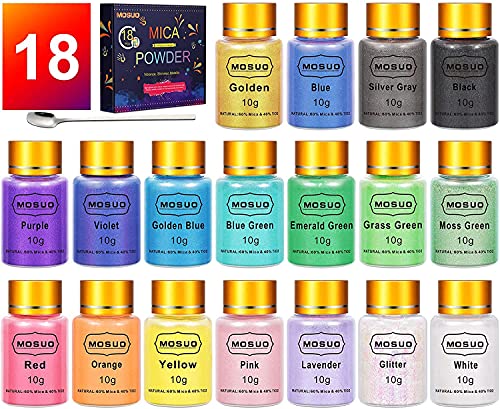 MOSUO Pigmentos en Polvo, 10g*18 Colores Natural Mica Tintes para teñir Resina Epoxi, Jabones, Cera, Pintura, Vela, Uñas, Cosmético y Arte de Bricolaje - Metalizados Colorante