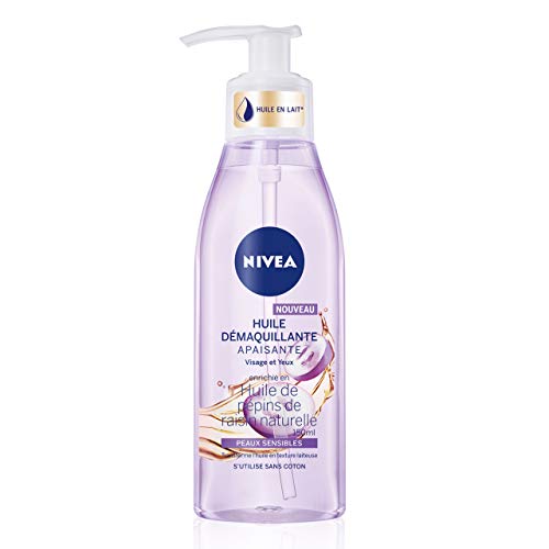 NIVEA Aceite desmaquillante relajante facial y ojos (1 x 150 ml), desmaquillante enriquecido con aceite de pépinos de raisino natural, cuidado facial para mujer para pieles sensibles