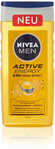 NIVEA MEN Active Energy - Gel de ducha (250 ml), refrescante gel de ducha con cafeína natural, ducha revitalizante para cuerpo, cara y cabello