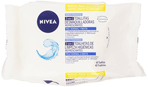 NIVEA Toallitas Desmaquilladoras Refrescantes (1 x 40 ud), toallitas desmaquillantes para piel normal y mixta, toallitas húmedas para rostro, ojos, labios y cuello