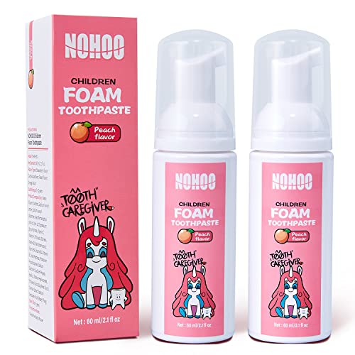 NOHOO Pasta de dientes en espuma para niños con sabor a frutas, fórmula natural sin flúor, pasta de dientes en espuma para cepillo de dientes eléctrico (Durazno, 2 piezas)