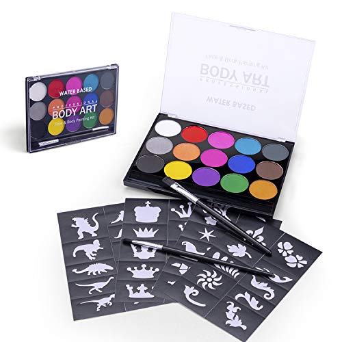 Omew Pintura Cara para Niños Adultos Pinturas al Agua ,Pintura Facial para Disfraces, Maquillaje Color Kit de Pintura Facial Corporal, Halloween, Fiestas, Face Paint Paleta de 15 Colores, 2 Pinceles