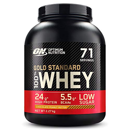 Optimum Nutrition Gold Standard 100% Whey Proteína en Polvo, Glutamina y Aminoácidos Naturales, BCAA, Chocolate Mantequilla de Cacahuete, 71 Porciones, 2.27kg, Embalaje Puede Variar