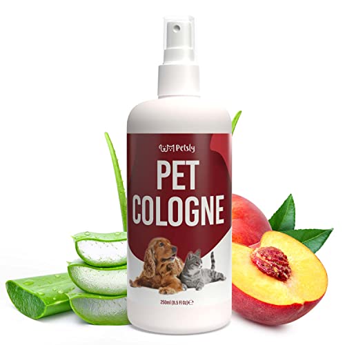 PETSLY Colonia Perros y Gatos con Aloe Vera - Colonia para Perros - Colonia Perros Cachorros, Fórmula Natural para Piel Sensible - Perfume para Perros y Gatos - Colonia Gatos Aroma Melocotón, 250ml