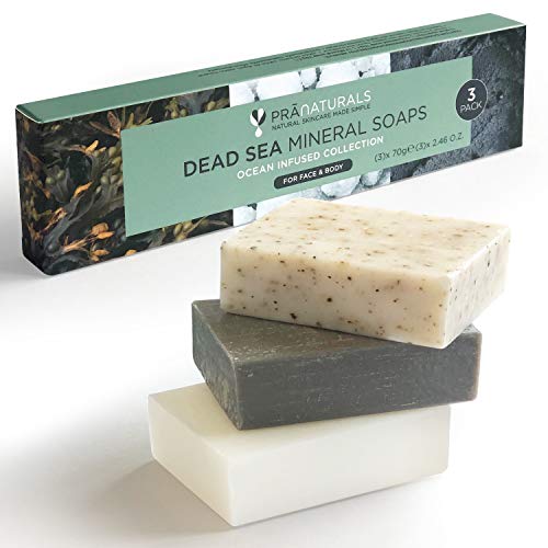 PraNaturals Jabones del Mar Muerto - 70g Por Jabón - Colección Infusión Oceánica, Naturalmente Ricos en Minerales, El Set incluye Jabón de Lodo, Jabón de Algas y Jabón Mineral