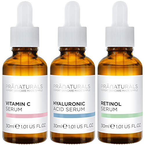 PraNaturals Kit de Sérums Faciales 3x30ml - Ácido Hialurónico, Retinol y Vitamina C - Borra las Líneas Finas y las Arrugas, Enriquecido con Aceites y Vitaminas Naturales