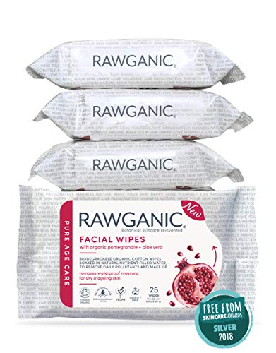 RAWGANIC Toallitas faciales anti-edad | Toallitas de algodón orgánico, hidratantes, sin alcohol y sin fragancia | con granada y aloe vera BIO