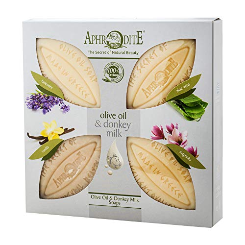 Regalo de jabón sólido de aceite de oliva Afrodita y leche de burra -Juego de 4 piezas-Jabón natural con aromas únicos para una piel bien arreglada - Jabón de manos - Jabón de cuajada natural (4x85g)