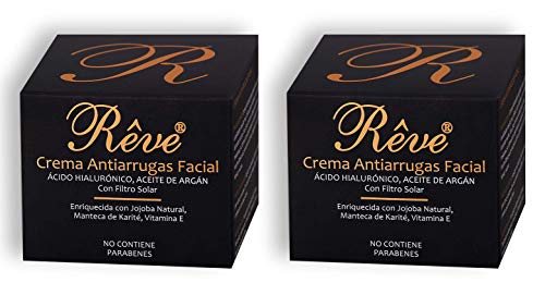 REVE Pack de 2 Cremas Antiarrugas Facial Argán con Ácido Hialurónico + Molecular Film + Vitamina E + Manteca de Karite + FPS15 + Aloe Vera Sin Parabenes - Hombre y Mujer, Día y Noche - (2 x 55 ml)